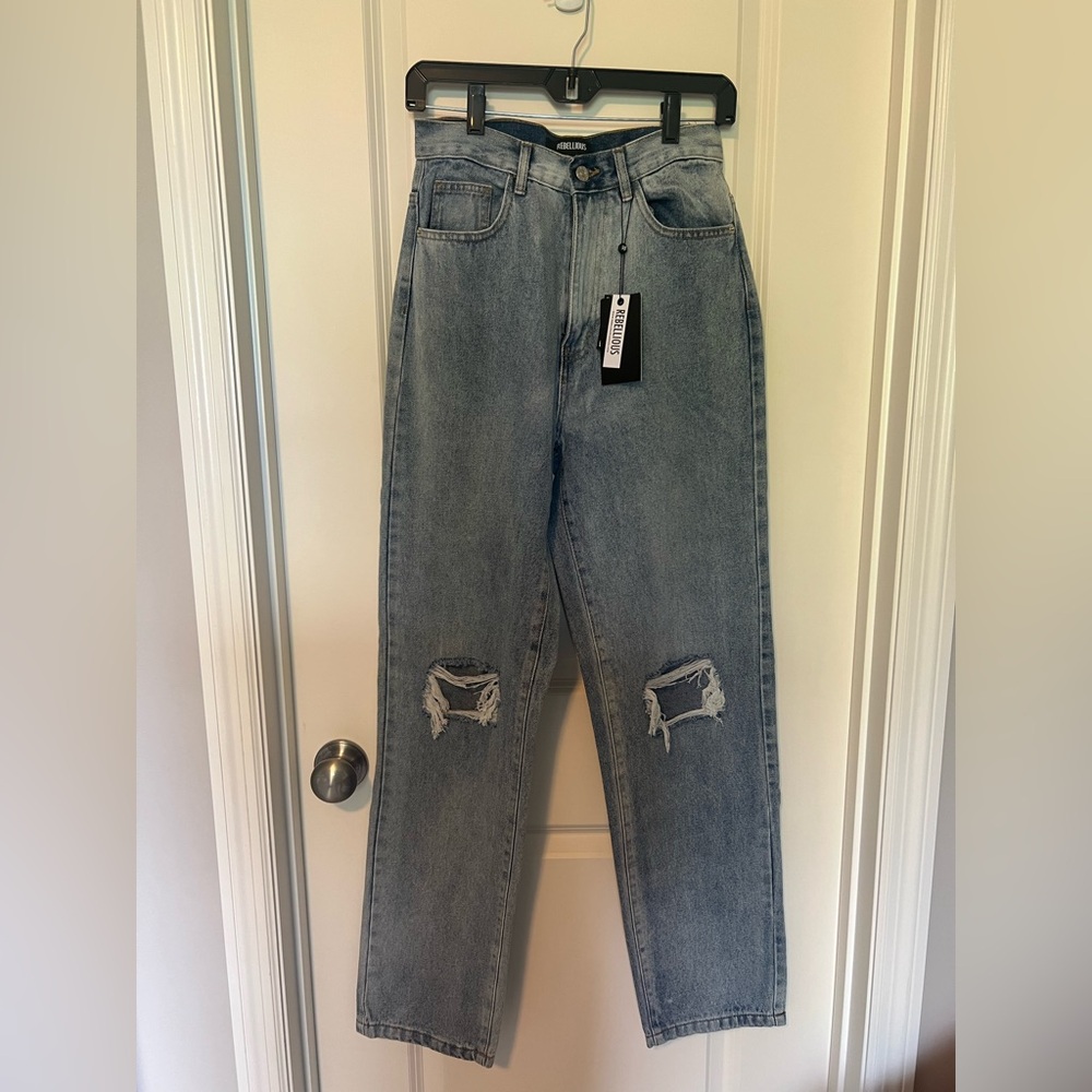 Rebellious Fashion Mid Wash Denim Distressed Knee Extra Long Jeans - Size US 4